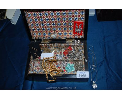 A box of jewellery with necklaces, rings, cufflinks, a Rotary ladies watch, earrings, brooch, etc