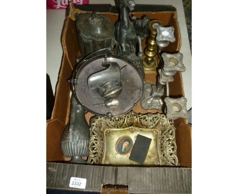 A quantity of metals to include tea caddy, coffee pot, horse figurine, candelabra, etc