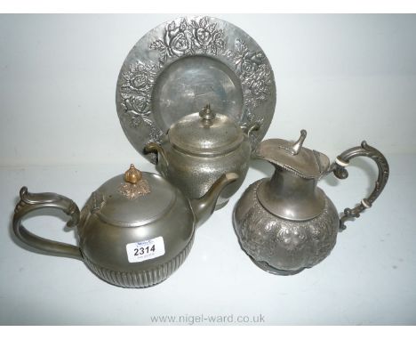 Three pieces of pewter including teapot, lidded pot and metal Salver