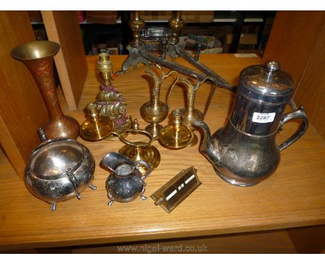 A quantity of brass and metals including desk calendar, ewers, lamp, plated James Dixon & Sons Coffee Pot, etc. 