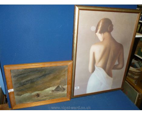 A wooden framed Print of a semi-nude, indistinctly signed lower right together with an Oil Painting of an Adventurer in snow 