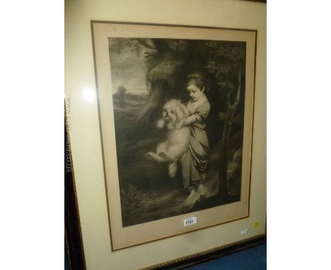 A sepia Print of a child holding a dog