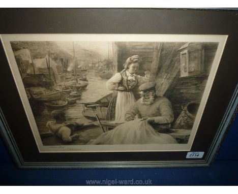 An Arthur Netherwood signed Print depicting Sail mending