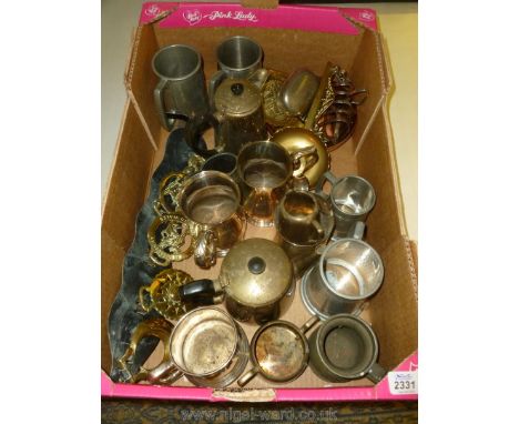 A quantity of silver plate and pewter to include tankards, teapot, horse brass, etc