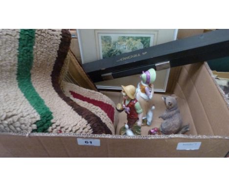 Snooker cue, rug, ceramic figures etc.