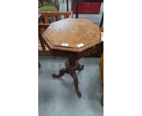 A Victorian walnut and marquetry trumpet work table on scroll carved tripod support