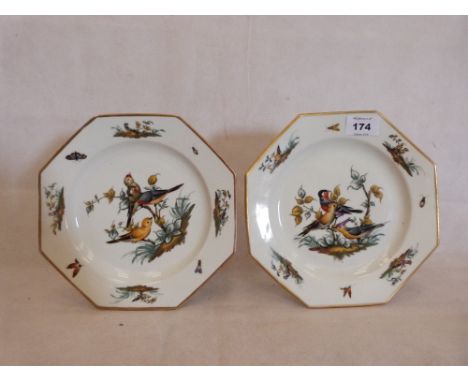 A pair of Meissen or Dresden octagonal plates painted in colours with birds or flying insects. Underglaze crossed swords mark