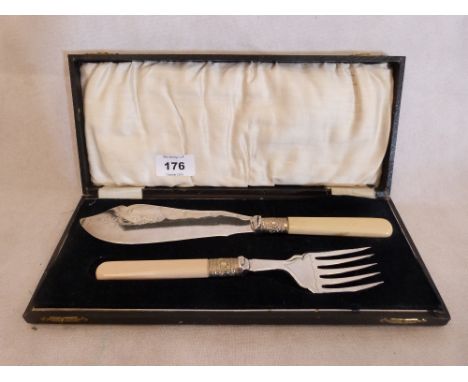 A cased plated and bone hafted fish slice and fork