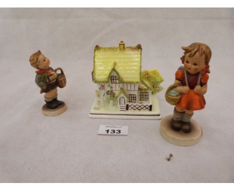 A Coalport cottage 'The Master's House' and two Hummel figures