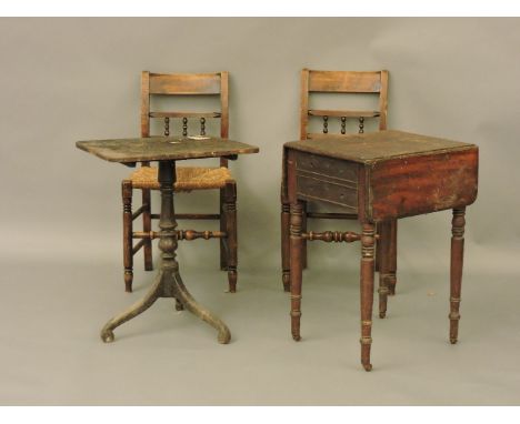 A 19th century mahogany work table, 50cm, a pair of 19th century Suffolk chairs, and a tripod table