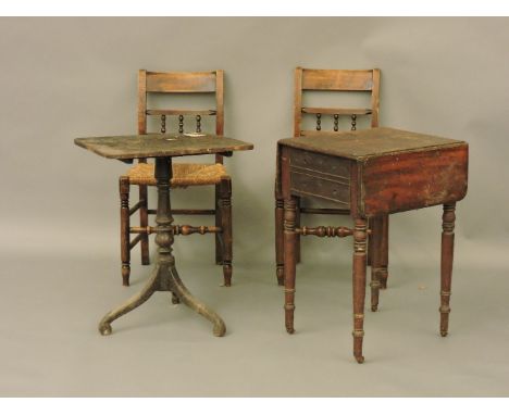 A 19th century mahogany work table, 50cm, a pair of 19th century Suffolk chairs, and a tripod table