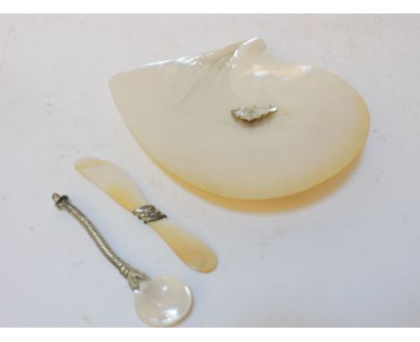 A mother of pearl shell, 20cm, a mother of pearl knife with a white metal mount, 12.5cm, and a mother of pearl spoon with a w