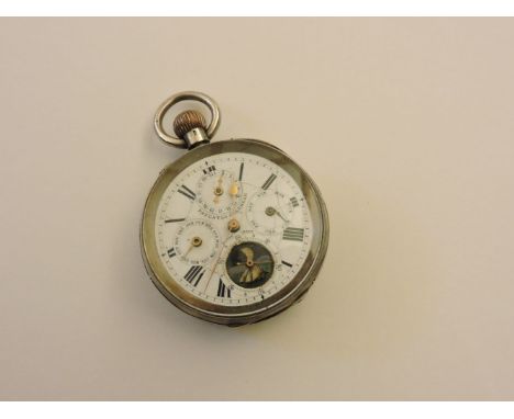 A continental silver cased patented calendar pocket watch, the enamel dial with date, day and month dials, above a moon phase