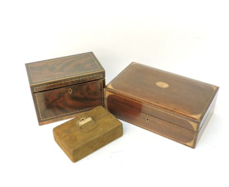 A mahogany tea caddy, a cigar box, and a jewellery box