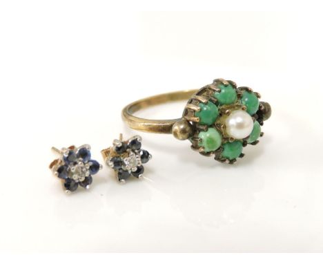 A pair of gold diamond and sapphire cluster earrings, marked 9ct, and a gold cultured pearl and stained howlite cluster ring,