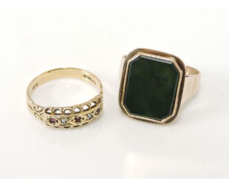 A 9ct gold five stone ruby and split pearl ring, and a bloodstone signet ring, marked 333