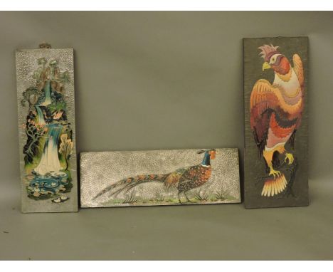 Audrey Blake, three pewter and enamel panels, a pheasant, a waterfall and an exotic bird, 27cm x 77cm, and 30.5cm x 86.5cm