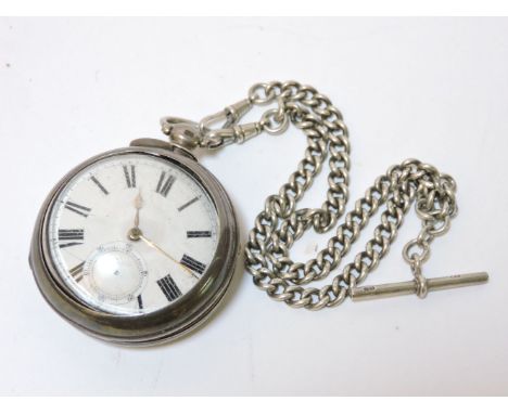 A silver pair cased pocket watch, and silver fob chain, Josh Wilkinson, Sheffield