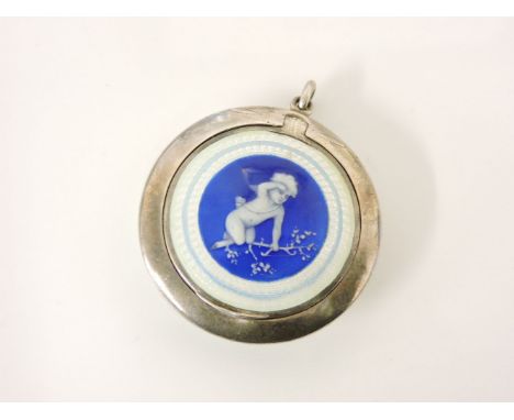 A continental silver and white guilloche enamel compact, with Cupid on a branch to centre on a blue enamel ground, damaged