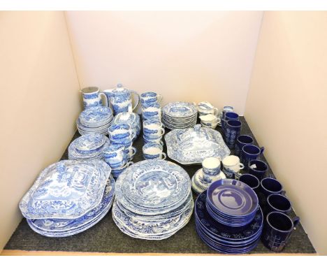 A quantity of blue and white tea and dinner wares, to include Spode and a Ridgeway "Humphrey's Clock" toy tea set