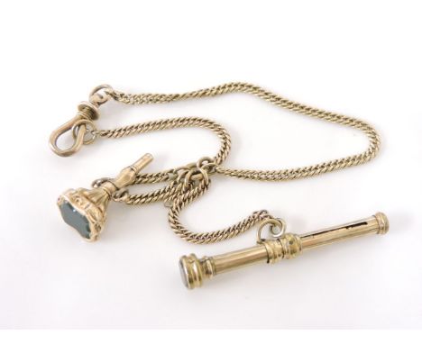 A gold case curb link guard chain bracelet, with bloodstone watch case, and a rolled gold propelling pencil with quartz finia