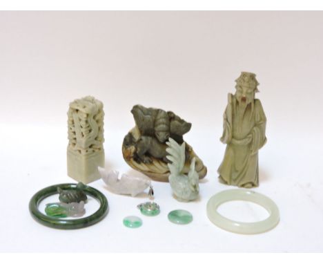 A quantity of Chinese jade, jadeite and hardstones, including three bi dishes, two bangles, a seal, a figure, a group of pigs