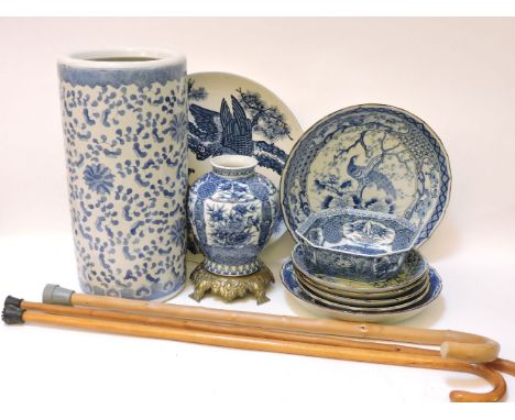 A quantity of Chinese blue and white ceramics, including a stick stand