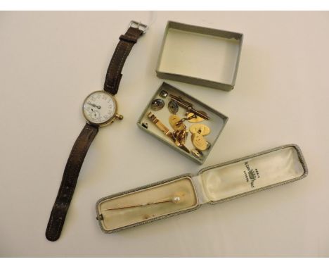 A pair of 18ct gold oval cuff links, engraved with initials, a 9ct gold tie pin, a 9ct gold t-bar, a cultured pearl pin brooc