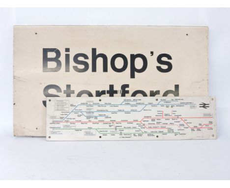 A British Railway enamel station sign, Bishops Stortford, 86cm x 49cm, and a carriage sign with stations, 75cm x 19cm