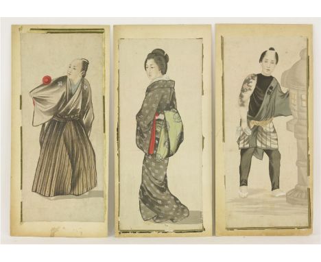 A gouache of a lady and a gentleman, playing erhu, inscribed by a European three times EPN, 18 x 25cm, a man smoking a pipe, 
