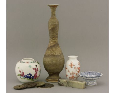 A collection of Chinese items, including a double gourd vase, six character Qianlong mark, a vase with dragon amongst flames 