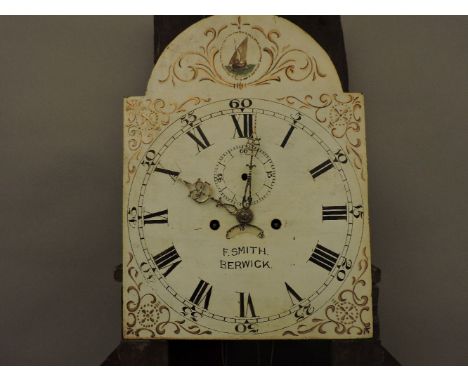 F Smith Berwick, a George III oak longcase clock, with a painted dial striking the hour, 12in dial, 212cm high