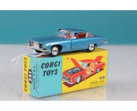 Boxed Corgi 241 Ghia L64 with Chrysler engine in metallic blue, comes with racing driver figure, diecast & box excellent