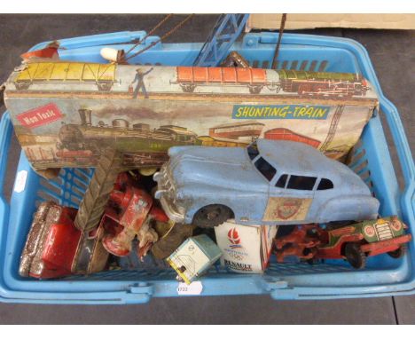 Group of tin plate, plastic and diecast models, showing wear, to include boxed Shunting Train, friction car, diecast tractor 
