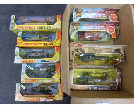 Collection of nine boxed Matchbox Battlekings vehicles to include K-102 M48-A2, K-103 Chieftan, K-105 Hover Raider, K-107 S.P