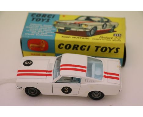 Boxed Corgi 325 Ford Mustang Fastback 2+2 Competition Model in white with red stripes, race number 3, pale blue interior, die