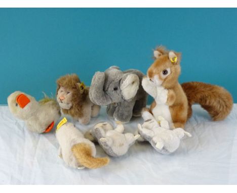 A collection of seven vintage Steiff animals including Yuku The Koala (1446/11) x2, and Leo The Lion (1460/13)