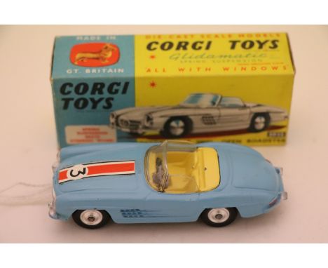 Boxed Corgi Mercedes Benz 300SL Open Roadster in pale blue with red stripe and race number 3, diecast vg with some paint chip