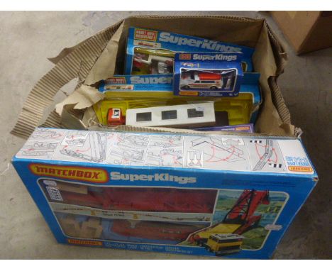 Six boxed Matchbox Super Kings to include K44 Bridge Layer, K69 Caravan Touring Set, K8 Animal Transporter, K49 Ambulance, K6