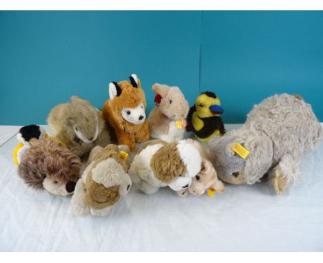 A collection of ten modern Steiff animals including Snuffy The Rabbit, Chip Monk, Hedgehog, Penguin, Pig etc.  Tag numbers 07