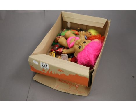 Four Galoob A-Team figures, two Care Bears, Mattel doll, Trolls and other items
