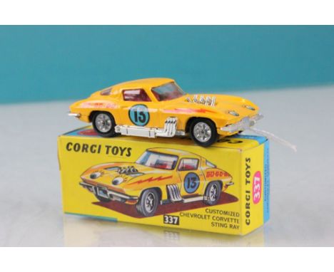 Boxed Corgi 337 Customized Chevrolet Corvette Sting Ray in yellow with red interior, race number 13, diecast excellent, box v