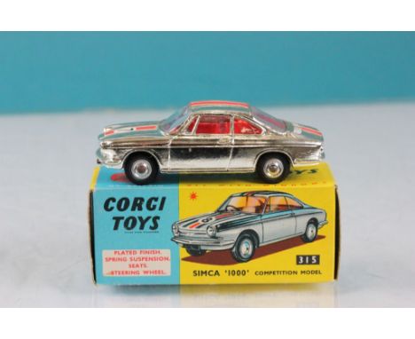 Boxed Corgi 315 Simca 1000 Competition Model in silver with red stripe and race number 7, red interior, diecast & box vg