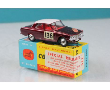 Boxed Corgi 252 Rover 2000 Special Release 322 1965 Monte Carlo Winner in Class 6 with authentic trim in metallic red with wh