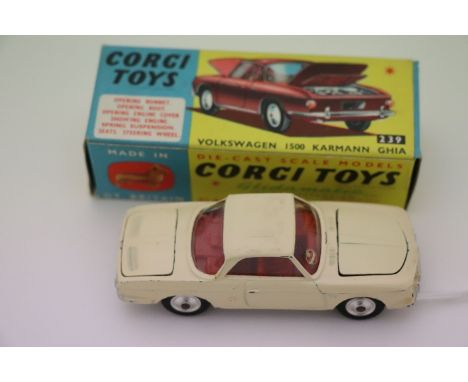 Boxed Corgi 239 Volkswagen 1500 Karmann Ghia in cream with red interior, spare tyre and suitcase, diecast excellent, box vg