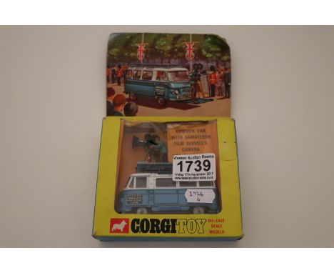 Boxed Corgi 479 Commer Mobile Camera Van with Samuelson Film Services Camera and Camera figures, diecast good with some paint