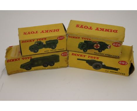Four boxed Dinky diecast military vehicles & artillery to include 693 7.2 Howitzer, 643 Army Water Tanker, 626 Military Ambul