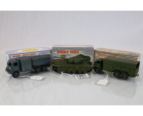 Three boxed Dinky Supertoys military vehicles to include 651 Centurion Tank, 622 10-Ton Army Truck and 642 Pressure Refueller