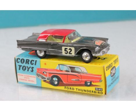 Boxed Corgi 214S Ford Thunderbird in black body, red roof, yellow interior, diecast vg with some paint loss to bonnet. box vg