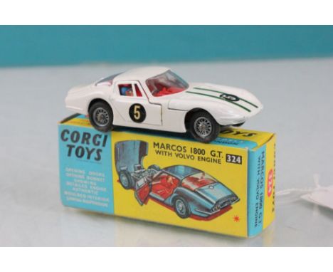 Boxed Corgi 324 Marcos 1800 GT with Volvo engine in white with race number 5, green stripes, red interior, diecast & box both